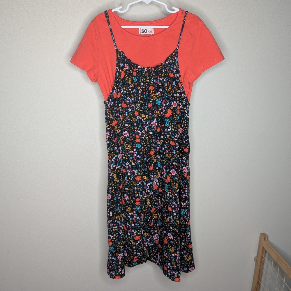 Floral Black Dress with Red Tee